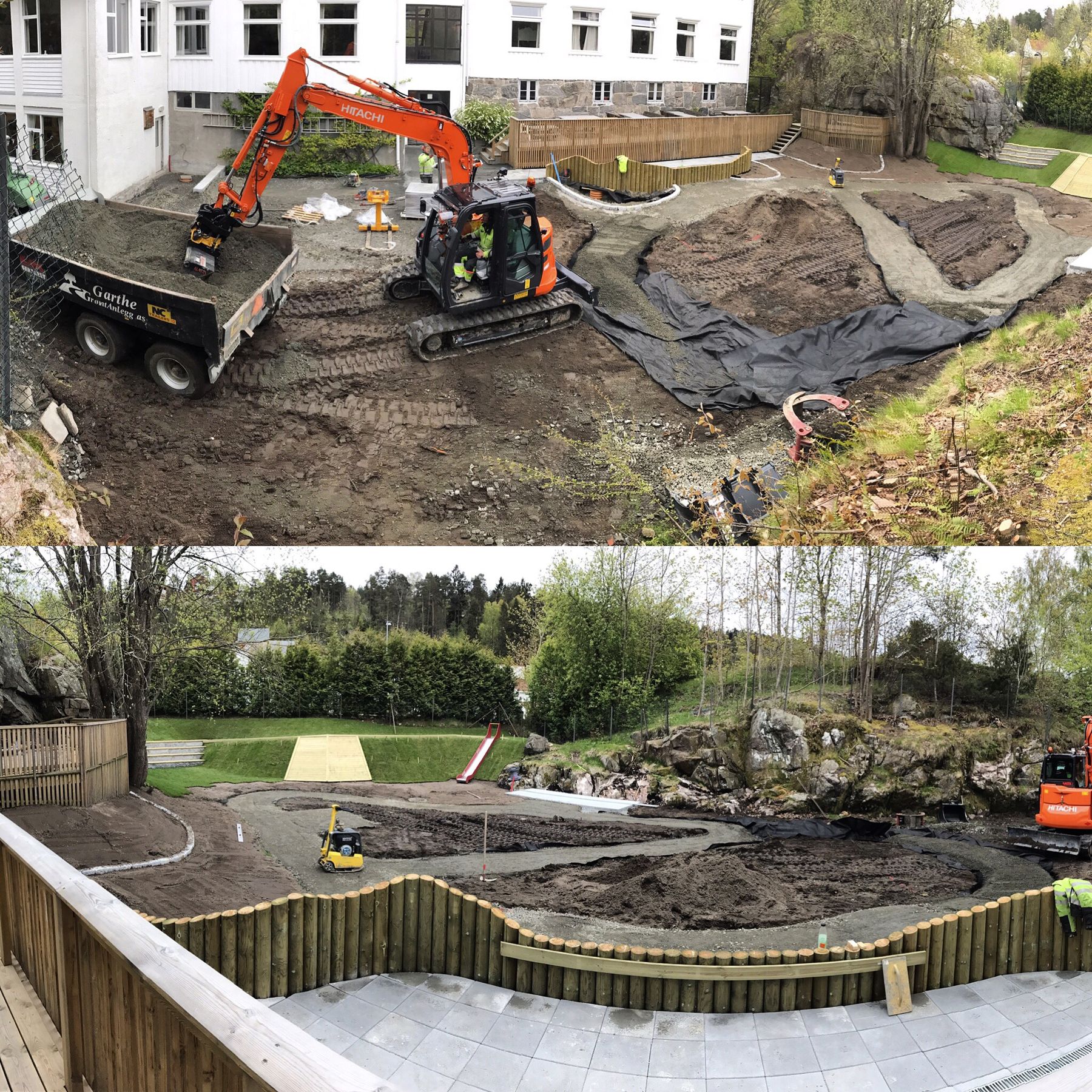 Lekeplass under bygging og ferdig anlegg